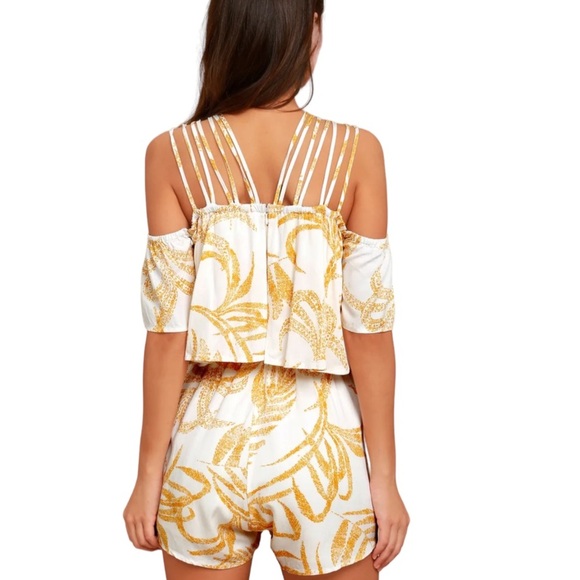 MINKPINK Paradise Strappy Off Shoulder Flutter Sleeve Leaf Print Romper Small - Picture 3 of 8